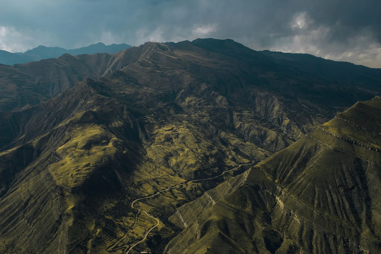 Aerial view of rugged mountain terrain