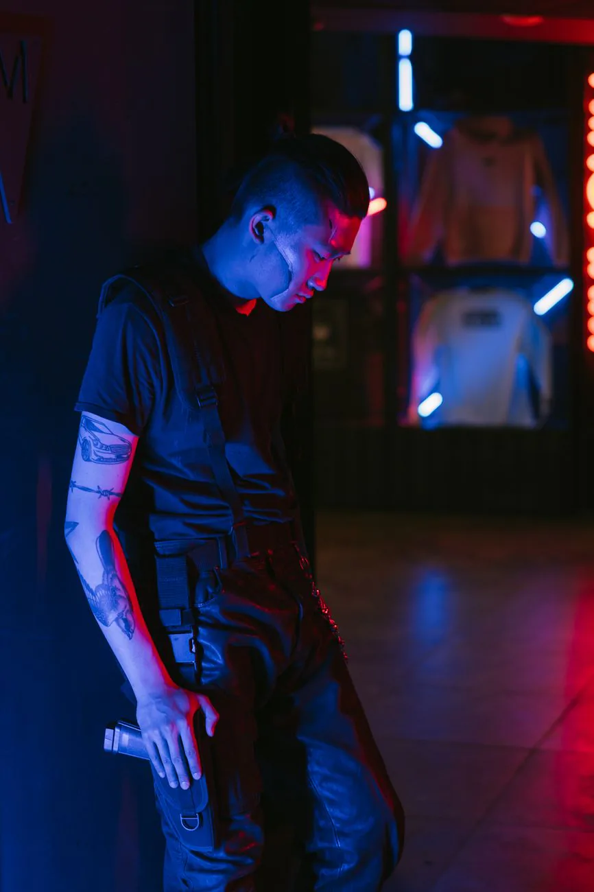 Man in cyberpunk attire lit by neon