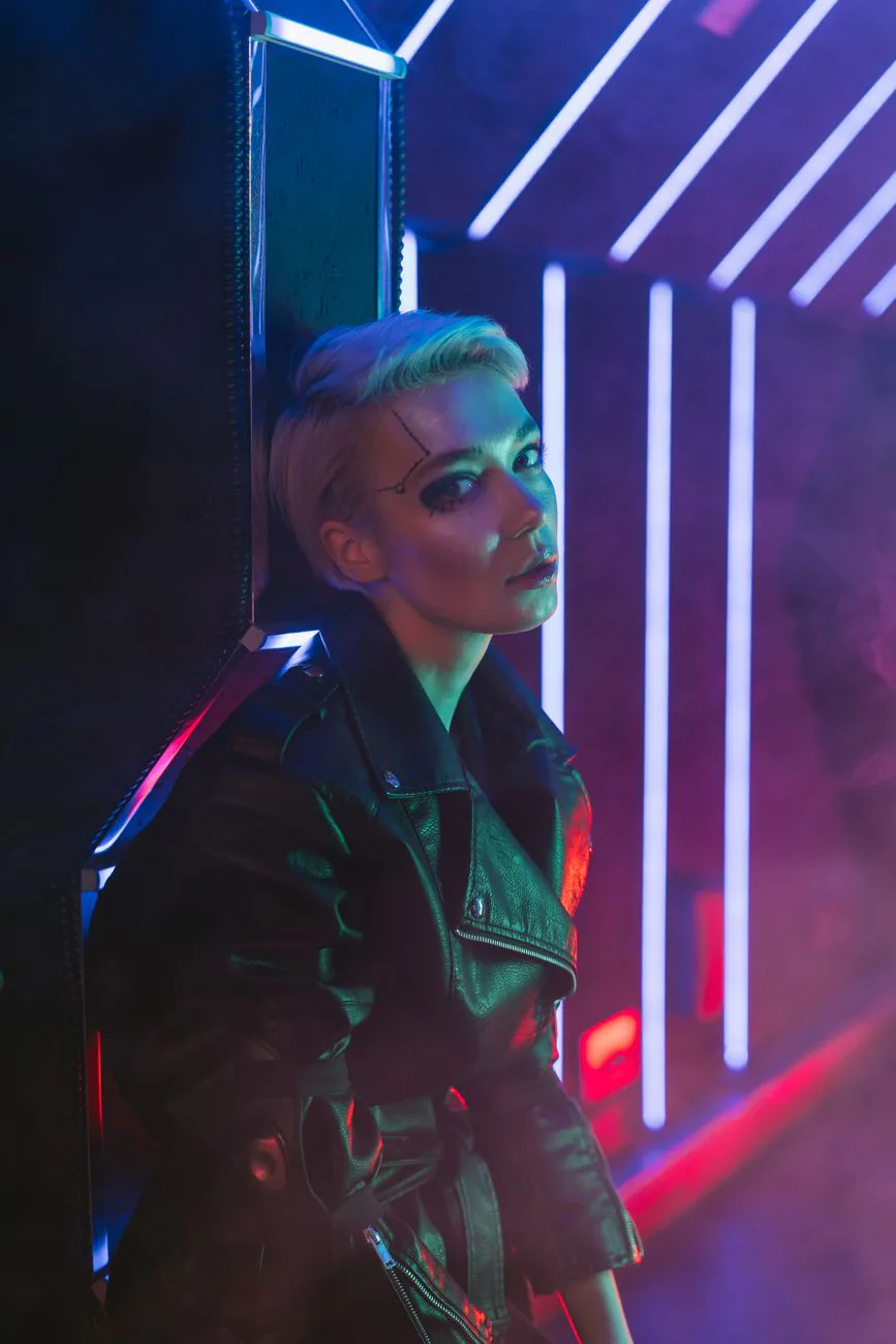 Striking neon-lit portrait in violet tones