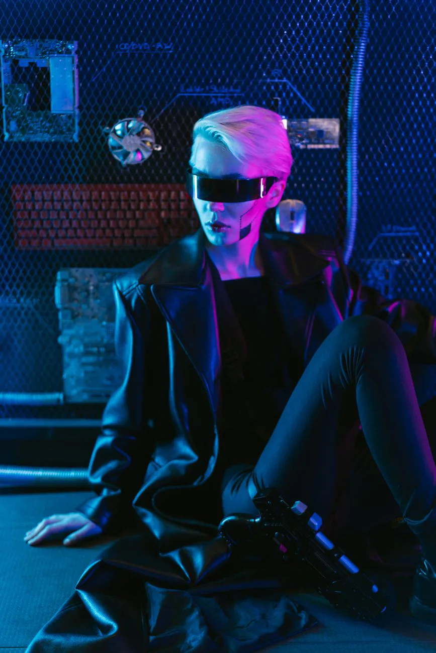 Woman in futuristic attire under neon light